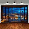 2D Modern Room Backdrop, Night City Skyline Window Scene Party & Live Background