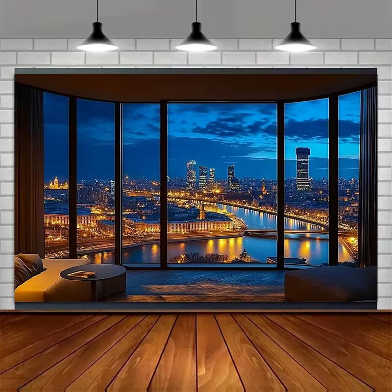 2D Modern Room Backdrop, Night City Skyline Window Scene Party & Live Background