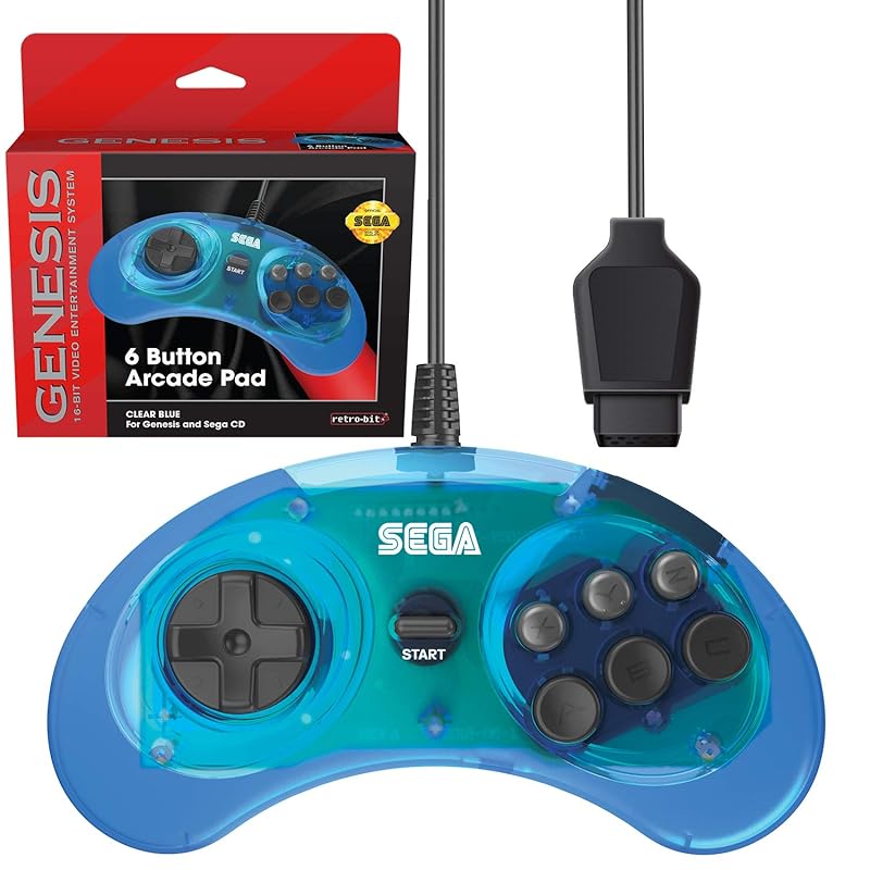 

sega genesis 6 button wired arcade pad -Original port- clear blue
