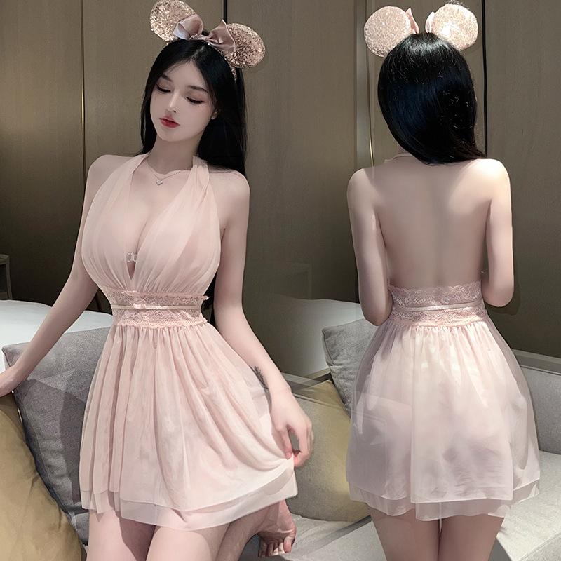 Sex underwear deep V temptation sexy backless perspective mesh skirt swing neck loungewear