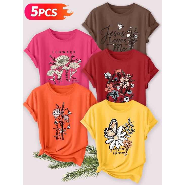 Five-piece set Elegant short-sleeved shirt for women Beach sunset print round-neck women's short-sleeve shirt suitable for spring and summer