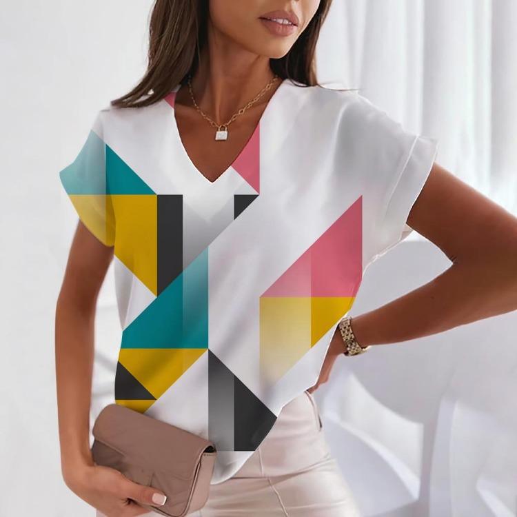 Bol Rahat Kadın V Yaka Kısa Kollu Tişört Nokta Küçük Baskılı Kazak Tarzı Harajuku Moda Üst Tişört Bayan