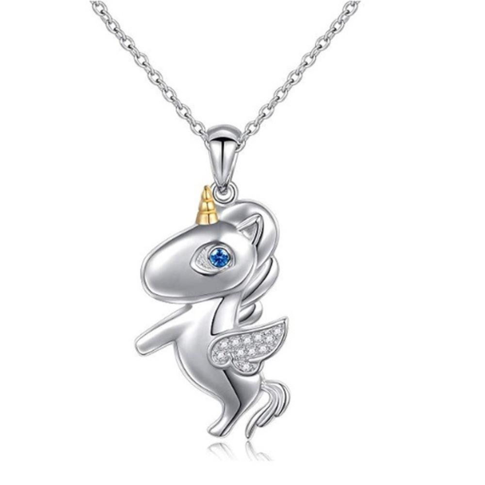 Fashion Two Tone Plated Unicorn Pendant Necklace with Heart and Rhinestones for Women