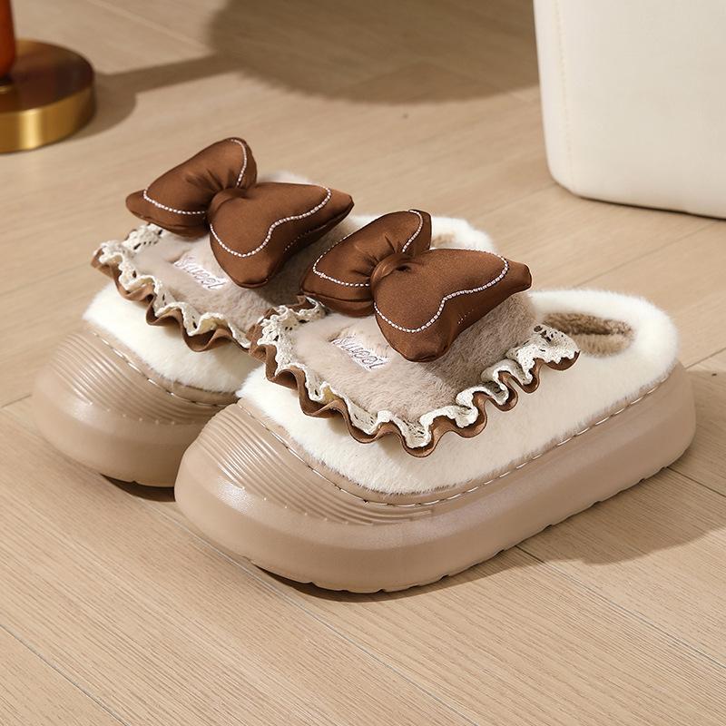 Lolita Bow Cotton Slippers Winter Shoes Women External Wear Non Slip Warm Home Cotton Shoes Thick Sole Comfort Zapatos De Mujer