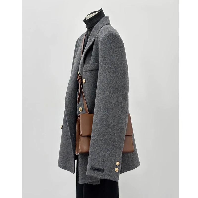 Petite Damen High-End Koreanischer Stil Grau Wolle Herbst/Winter Mantel Blazer