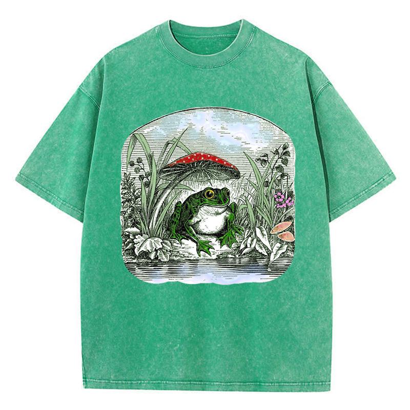 Vintage Aesthetic Frog Mushroom Prints Washed Women T-Shirt Loose T Shirt Crewneck Summer Short Sleeve Cotton Clothes