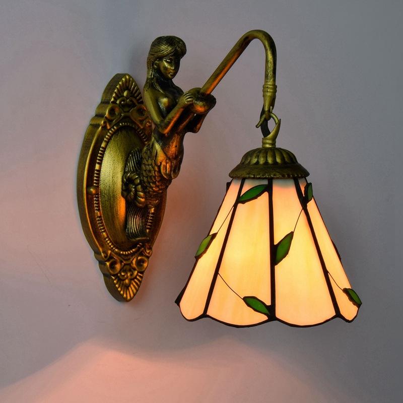European Stained Glass Mermaid Wall Lamp Bedroom Bedside Lamp Retro Creative Dining Room Balcony Aisle Staircase Light