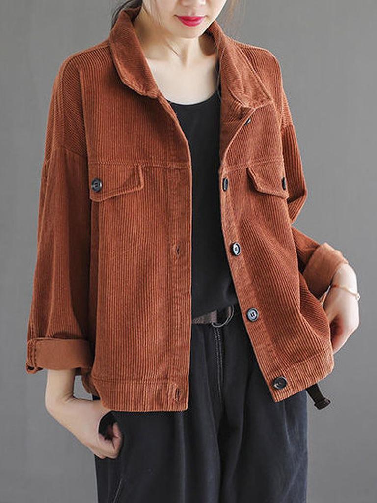 Samt Kord Kürzere Jacke Damen Frühling Herbst Einfarbige Stehkragen Locker Kleine Größe Lässiges Oberteil Retro