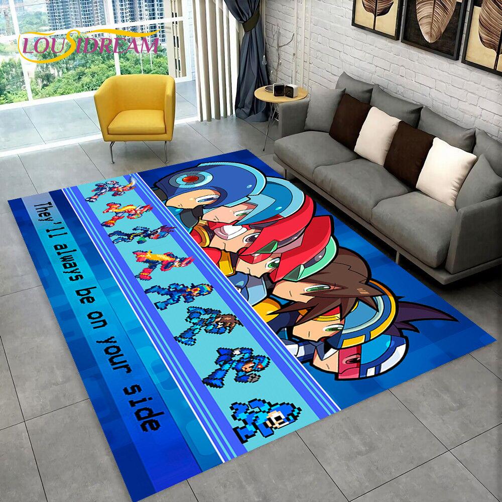 Rockman Megaman Spiel-Cartoon-Teppich, Teppich für Wohnzimmer, Schlafzimmer, Sofa, Fußmatte, Dekoration, Kinder spielen, rutschfeste Bodenmatte