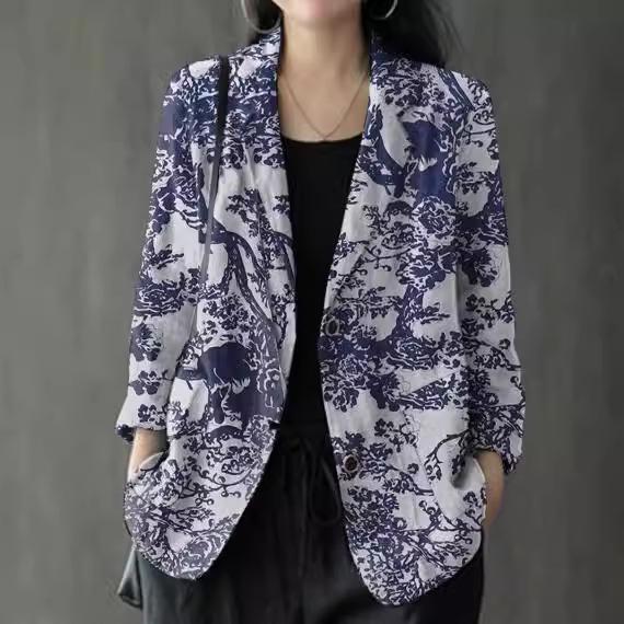 Damen Herbst Blazer Stilvolle Bedruckte Mäntel Dünne Oberteile Damen Frühling Lässig Langarm Blumenbluse Sommerhemd