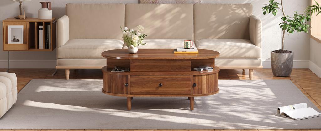Ovaler Couchtisch mit hochklappbarer Tischplatte, MDF, Versteckter Stauraum, Zwei offene Regale, Große Schublade + Zwei Schiebetüren, Runde Griffe, Konische Gummibaumbeine