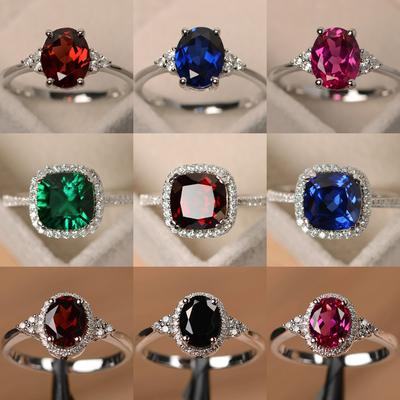 Versilberte Ringe für Damen Rubin Smaragd Saphir Schmuck Verlobungsring Großhandel Größe 6-10