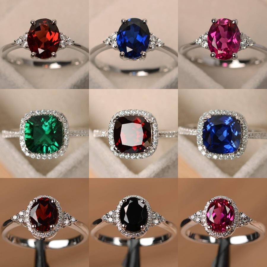 Sølvbelagte Ringer for Kvinner Rubin Smaragd Safir Smykker Bryllup Forlovelsesring Engros Størrelse 6-10