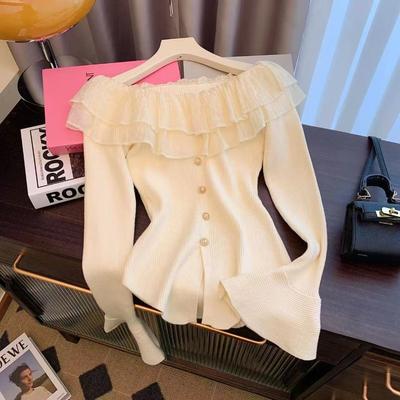 Double Ruffle Edge Flared Sleeve Knitted Sweater Women's Spring One-word Shoulder Halter Top Tight Elastic Split-ended Sweater