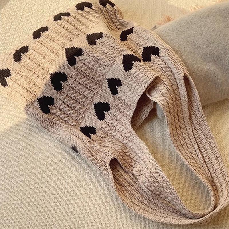 Knitted Love Pattern Tote Bag Stylish Woven Handbag Shoulder Bag for Women Party Work Travel Underarm Bag Outdoor