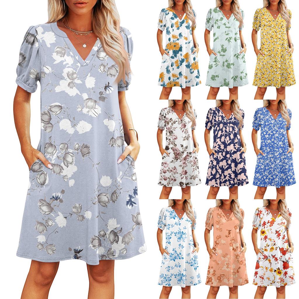 Women's Summer V-Neck Casual Beach Dresses Pod Short Sleeve Vintage Floral Print Dresses