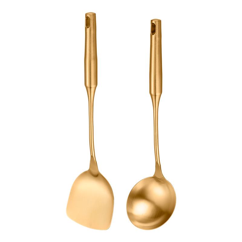 Gold-Plated 304 Stainless Steel Kitchen Utensil Set: Spoon, Spatula, Ladle, Skimmer, Wok Spatula, Rice Spoon, Slotted Spoon, Noodle Spoon