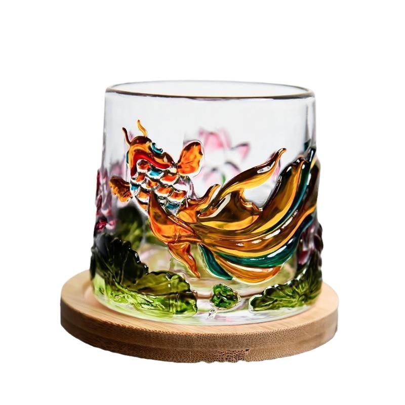 Chinese Style Painted Rotating Glass Cup with Base Whiskey Glass Creative Koi Lotus Design