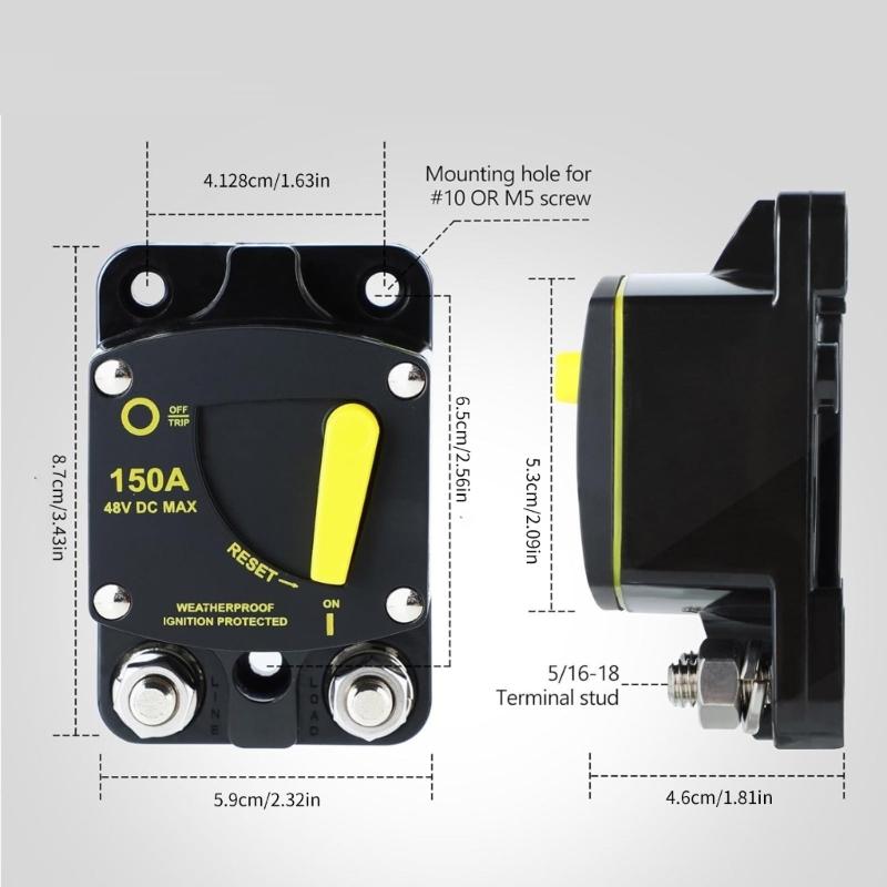 High Amperage Circuit Breaker with Manual Reset for Use in Car Motorhomes Boats Solar Installations Corrosion Resistant