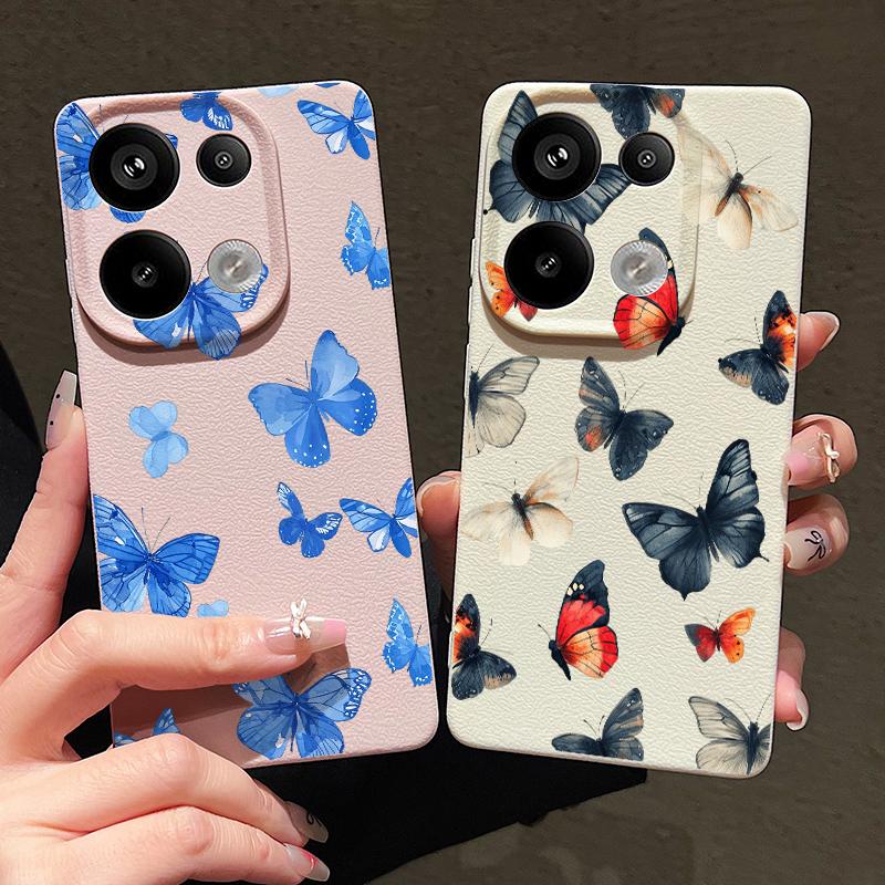 Butterfly Pattern Silicone Soft Case for Xiaomi 13t Poco X6 M6 Pro Redmi Note 14 13 12 11 10 Pro Shockproof Leather Texture Plain Color Cover