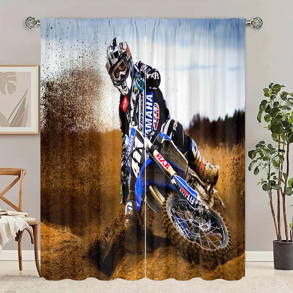 2 Stück - Bergmotorrad - bedruckter Vorhang - Polyestermaterial - für Schlafzimmer Wohnzimmer Arbeitszimmer Anti-Privatsphäre-Vorhang