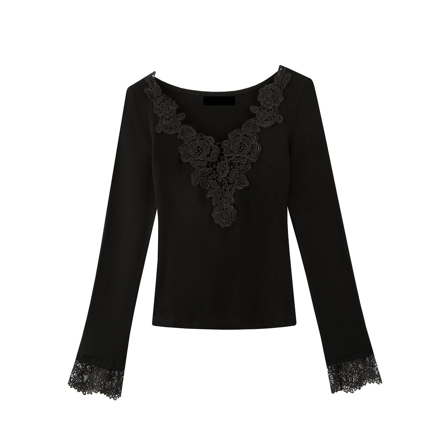 Chic Sweet V-Neck Lace Patchwork Slimming T-Shirt Extra Large чёрный