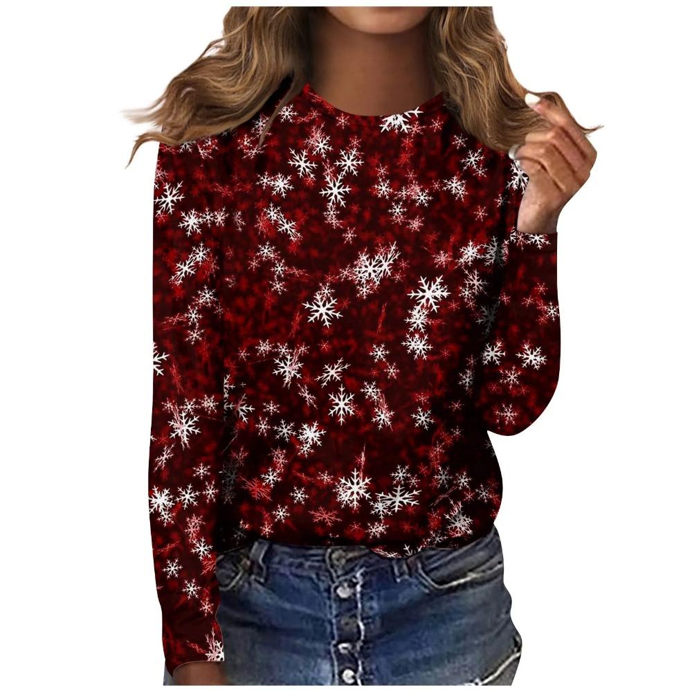 Christmas Snowflake Tree Long-sleeve T-shirt, Fashionable Casual Crew Neck Women's Wear, Comfortable and Slim-fitting Women's Top.
