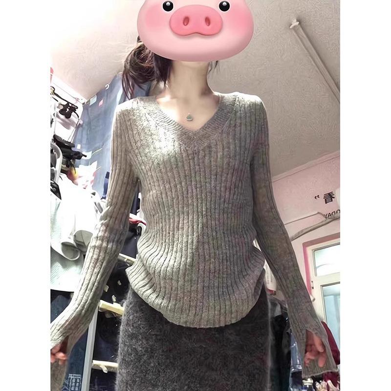 Gray Neck Knitted Sweater Spring Lazy Style Versatile Slim-fitting Long-sleeved Inner Top Women's Bottoming Shirt