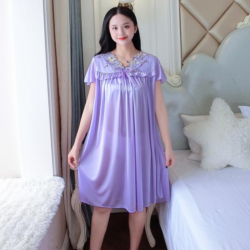 Plus Size Ice Silk Lace Nightgown - Women's Short Sleeve Summer Lingerie with Swing Skirt