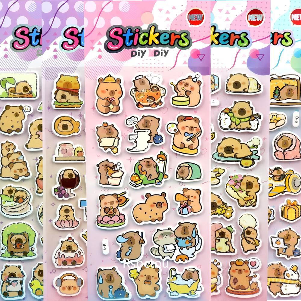 6pcs Cute Animal Capybara 3D Puffy Relief Stickers Kawaii Creative Bubble Decals Notebook Stationery Phone Funny Cartoon Sticker