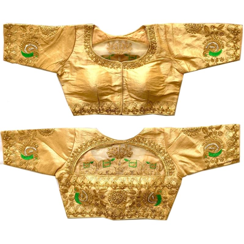 Pujia Mills Women's Phantom Silk Elephant Half Sleeve Saree Blouse (Gold, 38)