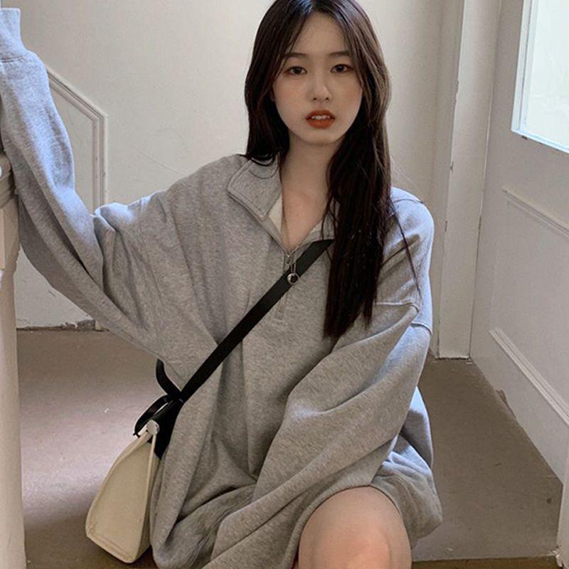 Half Zipper Stand Collar Sweatshirt Women Loose Long Sleeve Hoodie Autumn Winter Solid Color Casual Sport Pullover