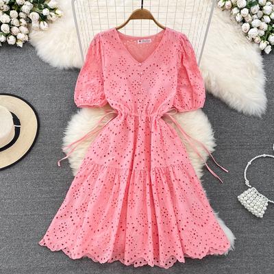Summer Small Fresh Age-reducing Sweet Bubble Short-sleeved V-neck Hollow Embroidery Waist Tie Slim Dress Women