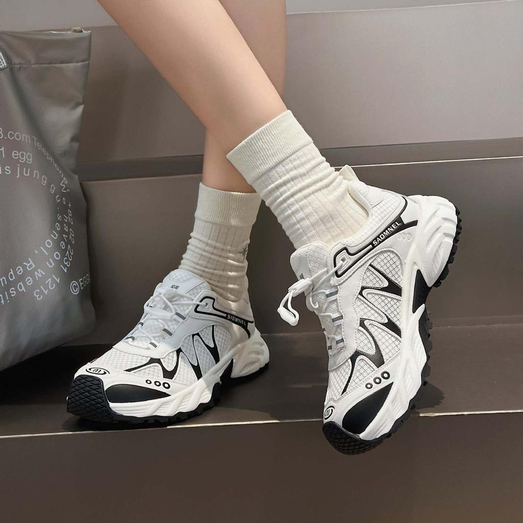 2025 new summer thick-soled heightening shoes mesh breathable casual sports shoes female dad shoes leather versatile