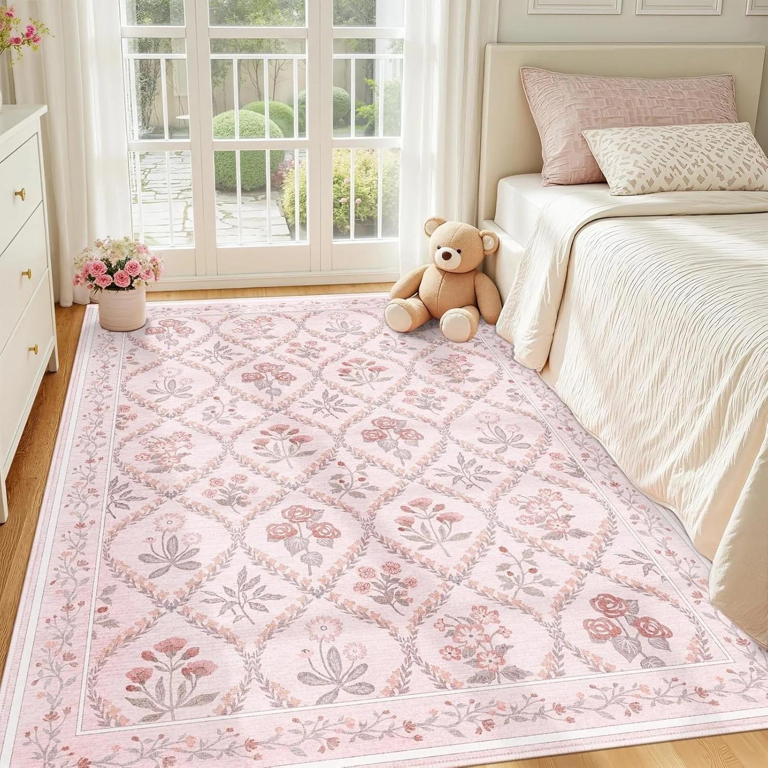 

French Retro Lattice Floral Area Rug Soft Pastoral Design Bedroom Living Room Carpet Durable Home Decor Multiple Gentle Colors 40x60cm