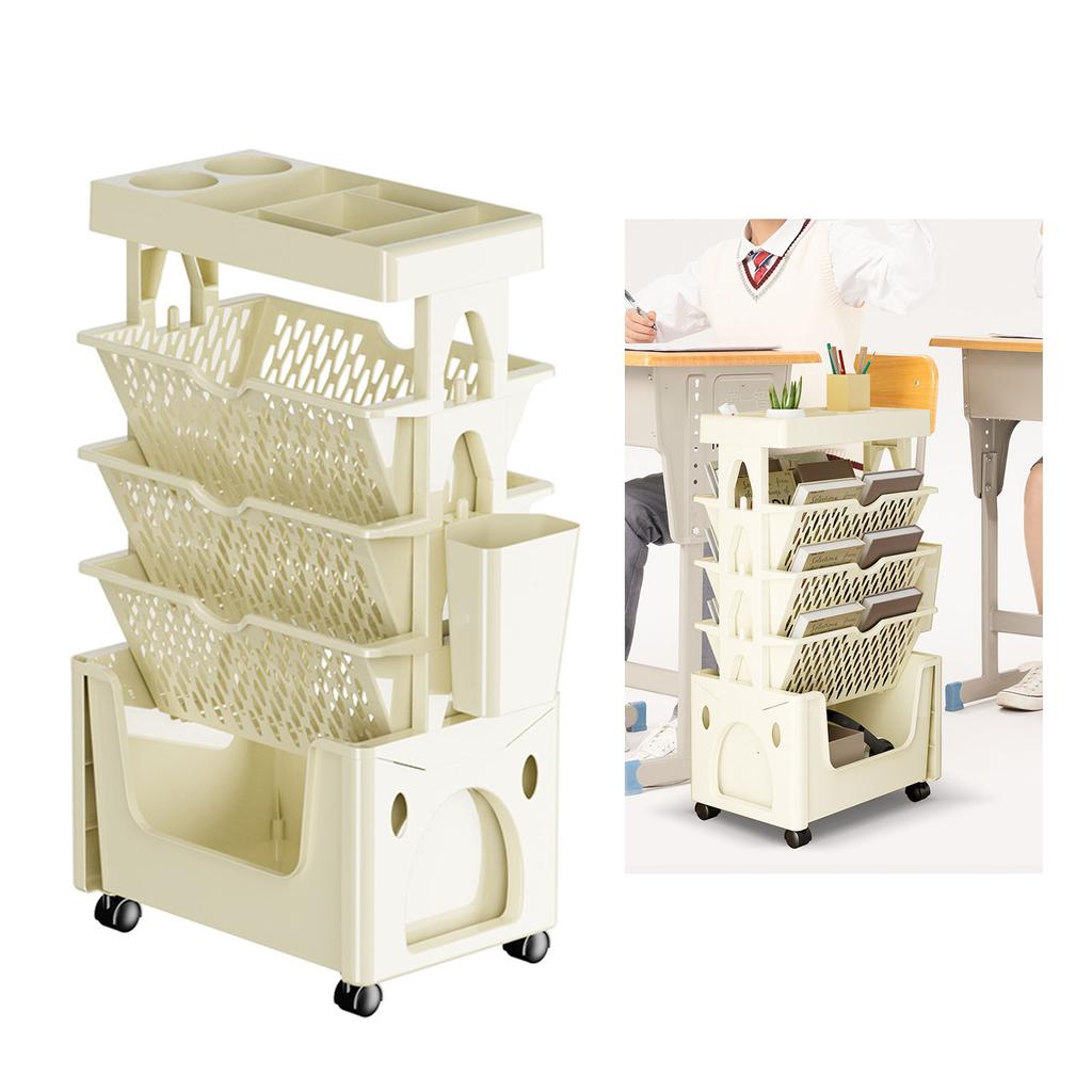 Rolling Mobile Bookshelf with Wheels 5 Tiers Large Capacity Strong Load Bearing Capacity Utility
