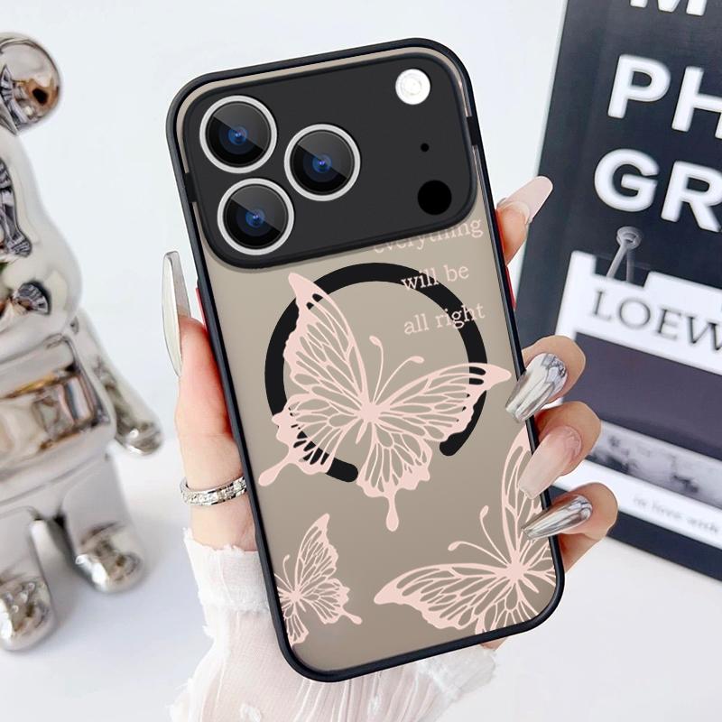 Magnetic Butterfly Pattern Phone Case For iPhone 17 15 16 Pro Max 14 13 Pro 17 For Magsafe Wireless Charge Soft Edge Hard Cover