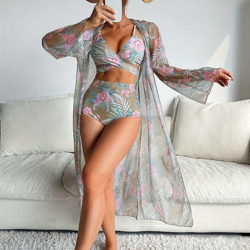 Damen Blumenprint Wickelbikini mit langärmeligem Kimono 3-teiliges Set