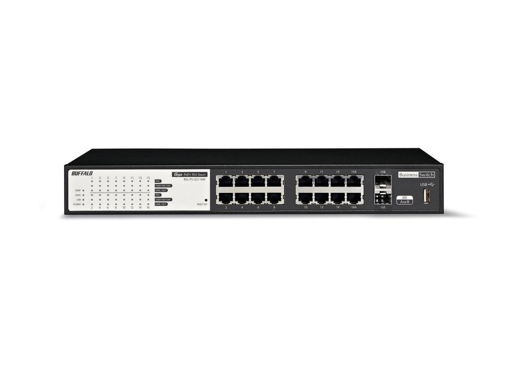 BUFFALO Layer 2 Web Smart Gigabit 16 802.3at Switch, Ports, BSL-PS-G2116M