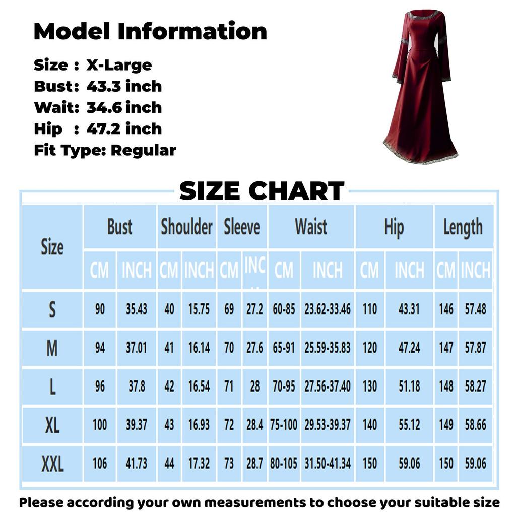 Women Medieval Renaissance Trumpet Sleeve Retro Loor Length Gown Lace Trim Irish Over Long Dress Halloween Costume Plus Size