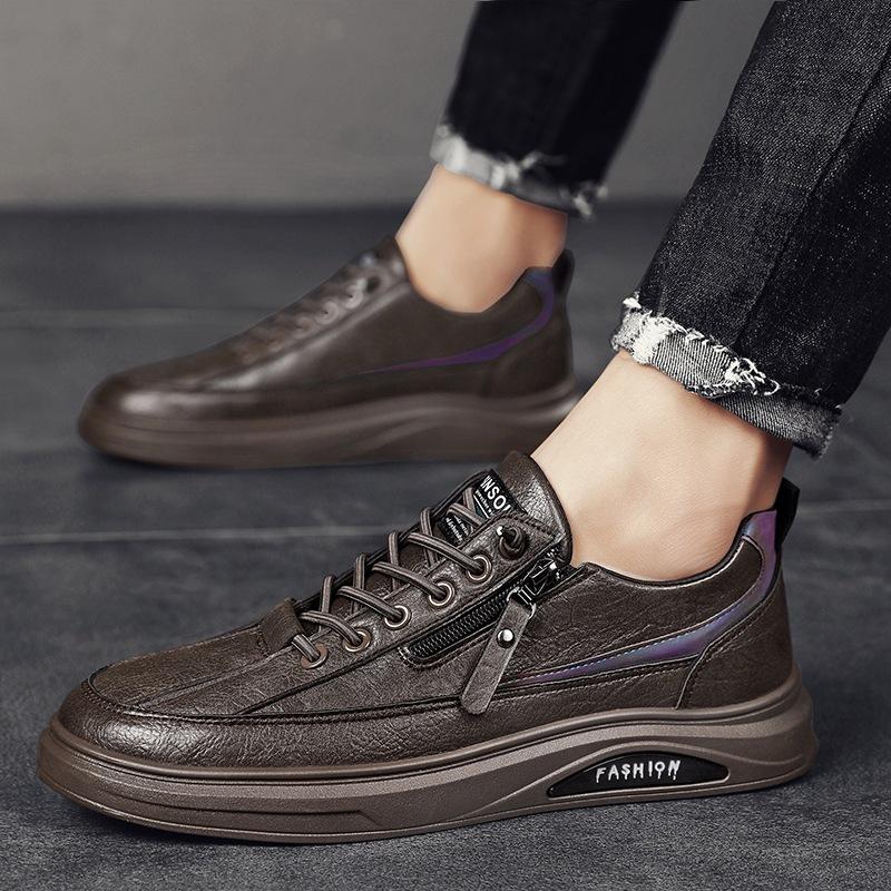 2024 Leather Casual Men Shoes Zipper Platform Fashion Designer Luxury Four Seasons Retro Low Top Outdoor Walking Male Sneakers