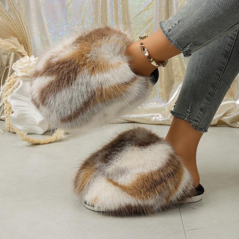 Autumn and winter imitation fox hair leopard print slippers women's warm fluffy plush cotton slippers