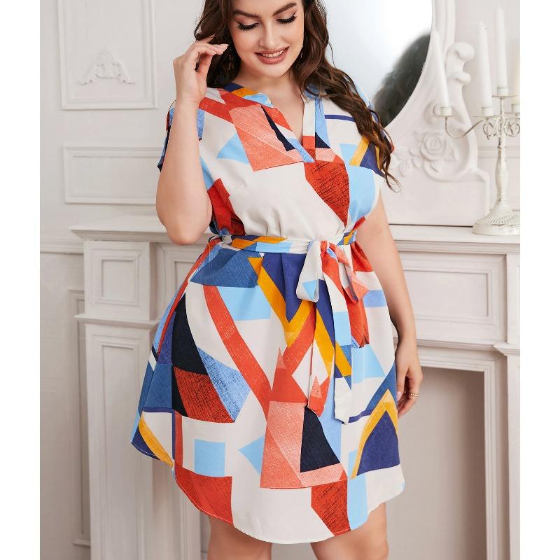 Summer Women's Short Sleeve Dress Temperament Elegance Fashion Party Dress Plus Size High-waisted Dress Patchwork Color Design