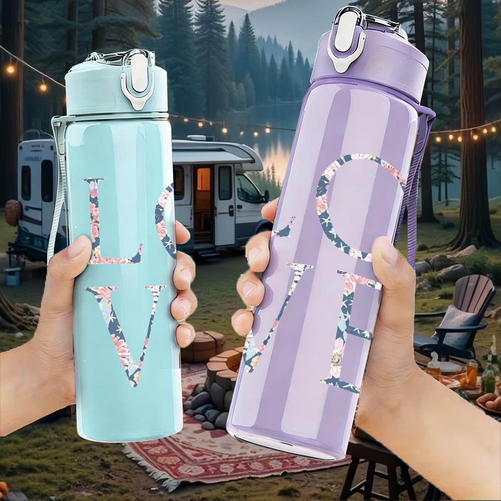 1PC LOVE red cursive text print 750ml colorful plastic sports water bottle leakproof pop up lid with straw for outdoor work home use