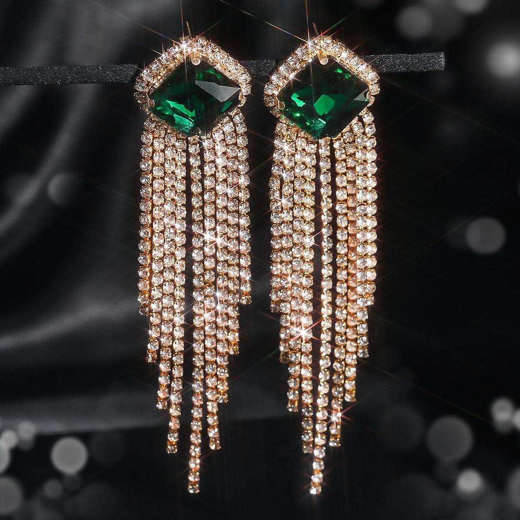 European & American Luxury Long Tassel Earrings: Sparkling Diamond & Crystal Studs for Women