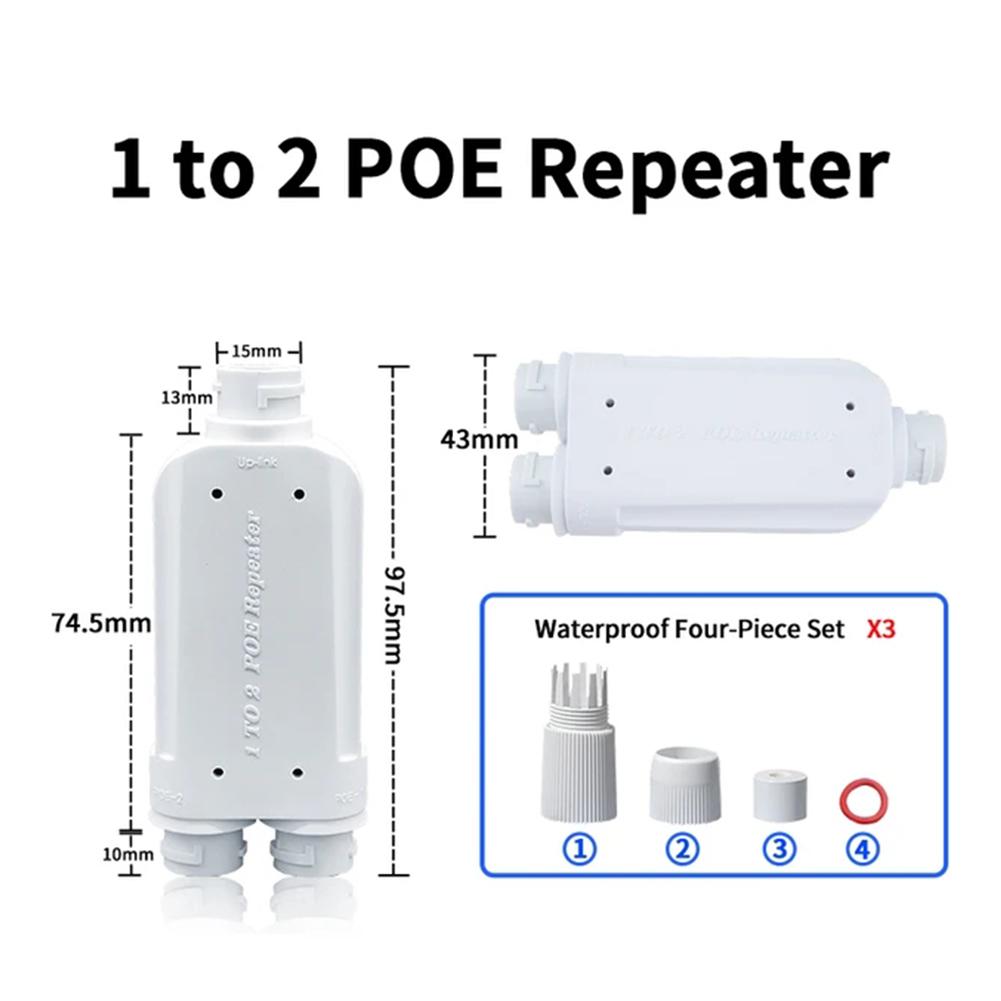 2 Port Waterproof POE Repeater IP66 10/100Mbps 1 to 2 PoE Extender with IEEE802.3af/at 48V Outdoor for POE Switch Camera
