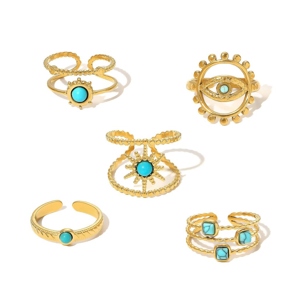 Stainless Steel Ring, Vacuum Plated 18K Gold Star Eye Turquoise Open Jewelry.