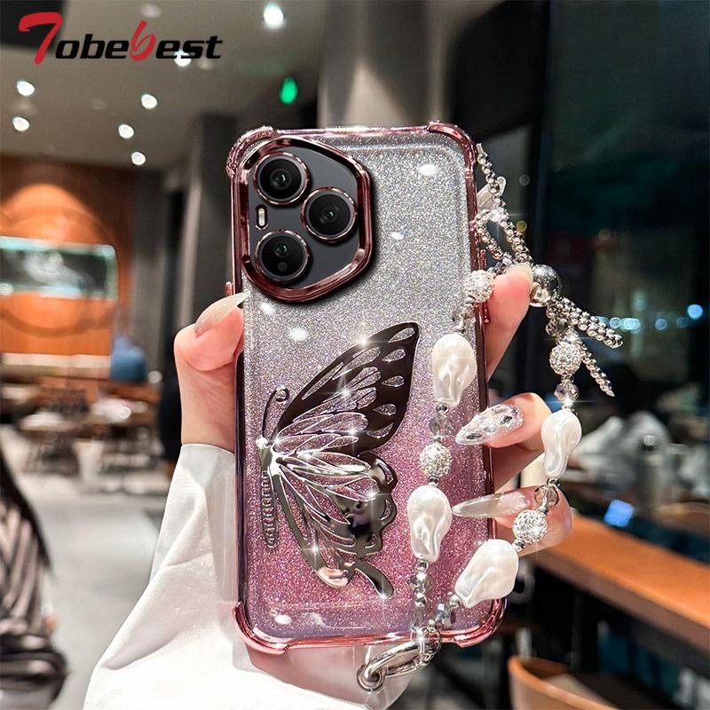 Custodia Braccialetto Glitterata Placcata Antiurto Farfalla Laser Per Huawei Honor 400 300 Ultra 200 100 90 Lite 80 70 60 Pro Cover