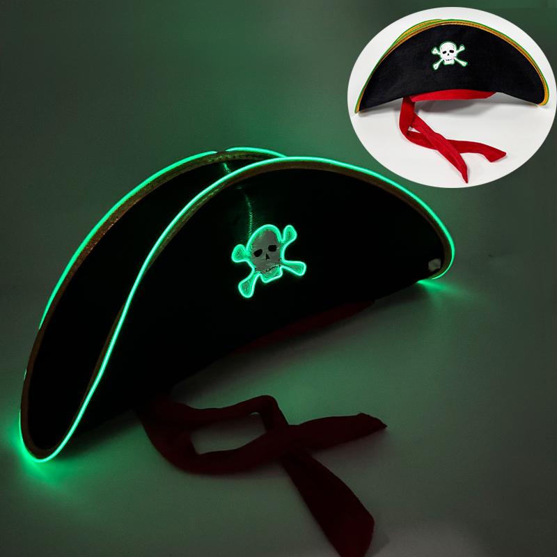 1 pièce Casquette Pirate Crâne avec Lumière LED Halloween Lumineuse Casquette de Capitaine Accessoires de Costume Cosplay Accessoire pour Adulte Fête de Carnaval Déc vert