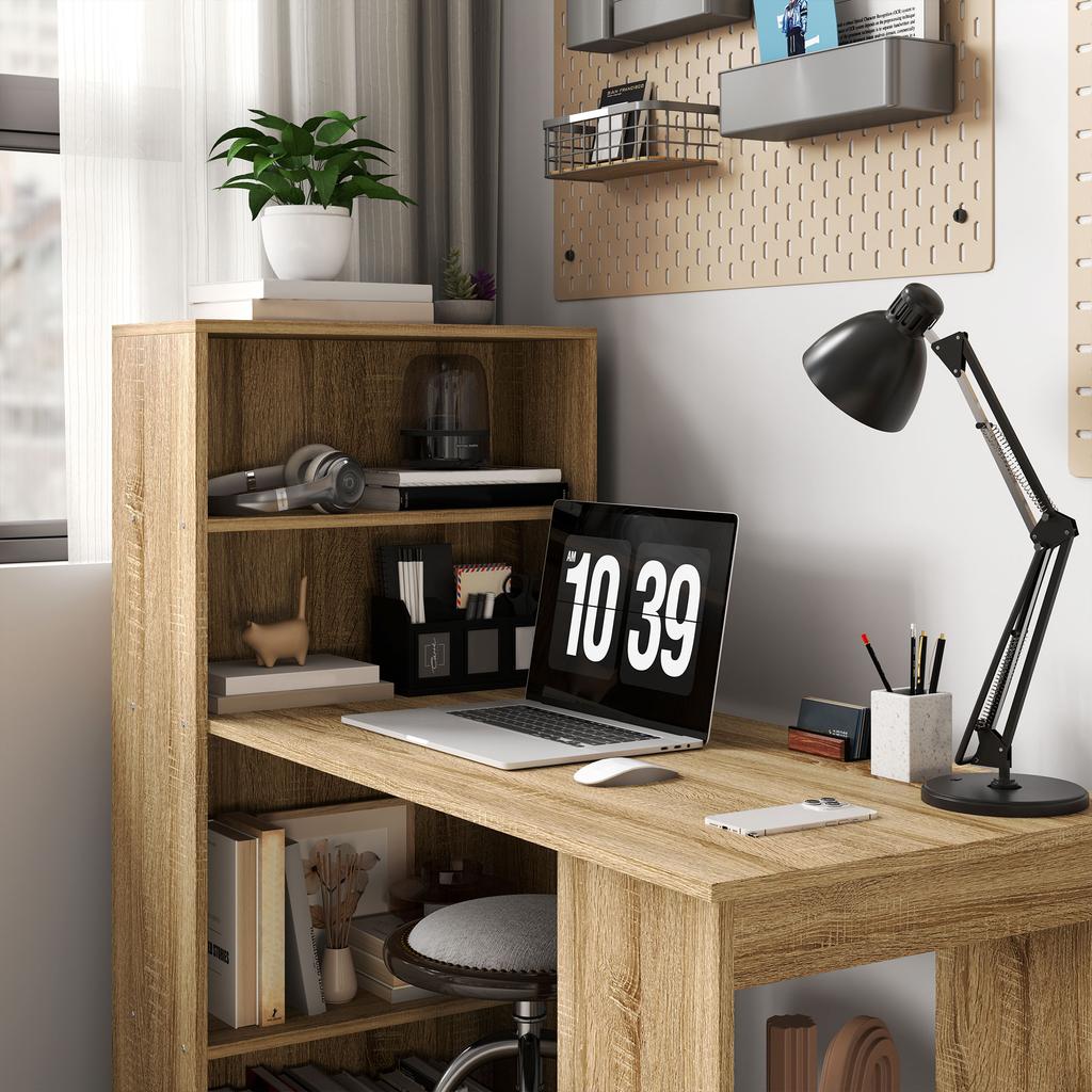 Computer Desk with Storage Shelf Corner Desk Adjacent Bookcase Multi-Storage Oak